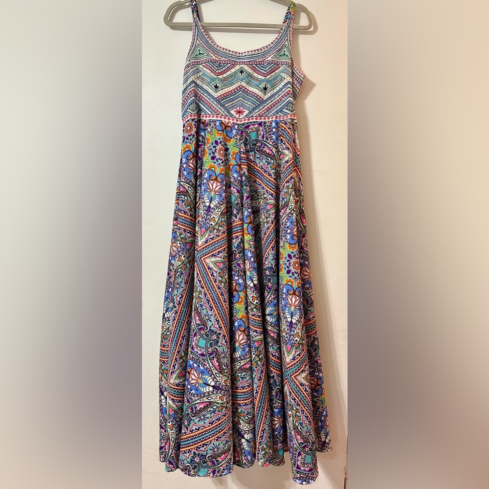 Embroidered bodice Boho Maxi dress with beading and a full skirt. Cupio sz Lg